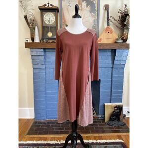 SYNERGY L/ XL Dress 100% Organic Cotton Ragland Burgundy Mixed Print Midi Boho